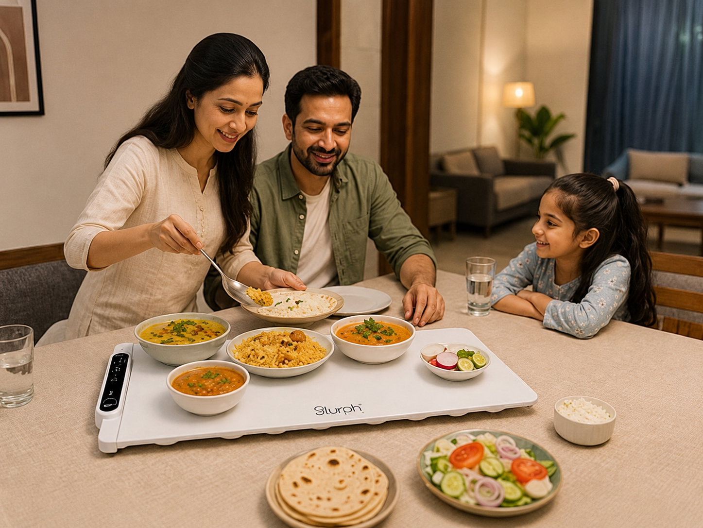 Indian family enjoying a warm dinner together