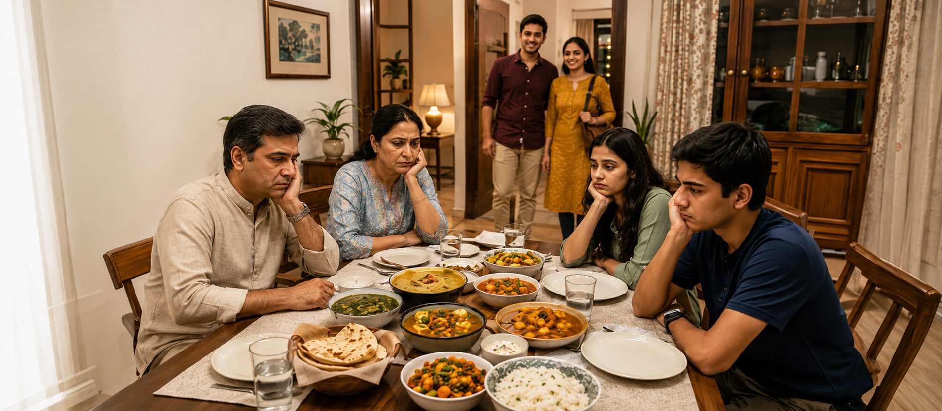 Family waiting quietly at the dinner table