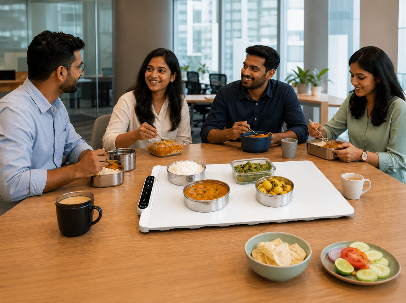 Colleagues sharing a warm office lunch