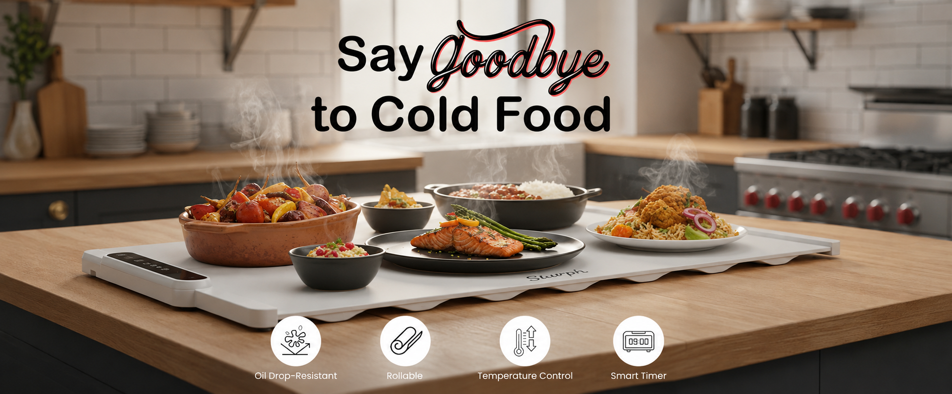 A warm spread of food kept ready on the kitchen counter