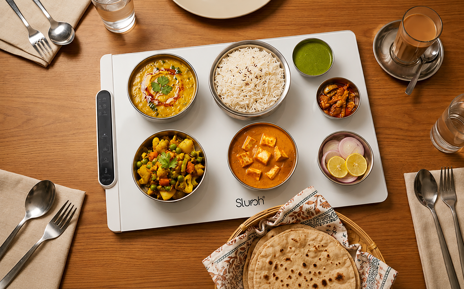 Top down view of a full thali on a warming tray